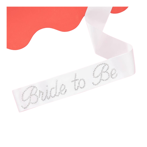 White Bride to Be sash with rhinestone lettering for bridal shower from Parte Haus party supply store in Bethesda Maryland