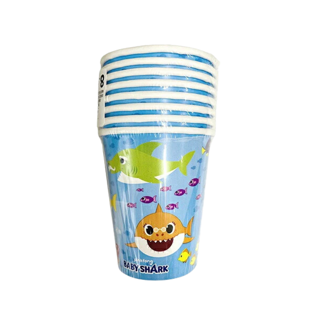 Blue Baby Shark paper cups with cartoon sharks for kids birthday from Parte Haus party supply store in Bethesda MD