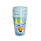 Blue Baby Shark paper cups with cartoon sharks for kids birthday from Parte Haus party supply store in Bethesda MD