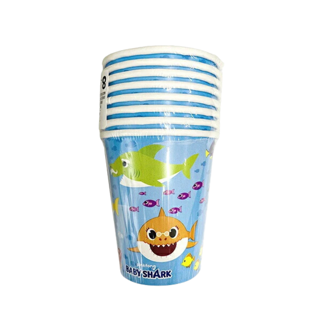 Blue Baby Shark paper cups with cartoon sharks for kids birthday from Parte Haus party supply store in Bethesda MD