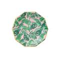 Pink and green tropical leaf octagon plate with gold edge for luau theme from Parte Haus party supply store in Bethesda Maryland