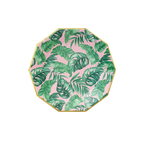 Pink and green tropical leaf octagon plate with gold edge for luau theme from Parte Haus party supply store in Bethesda Maryland