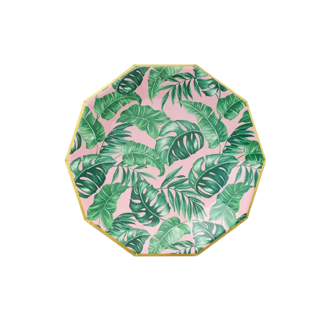 Pink and green tropical leaf octagon plate with gold edge for luau theme from Parte Haus party supply store in Bethesda Maryland