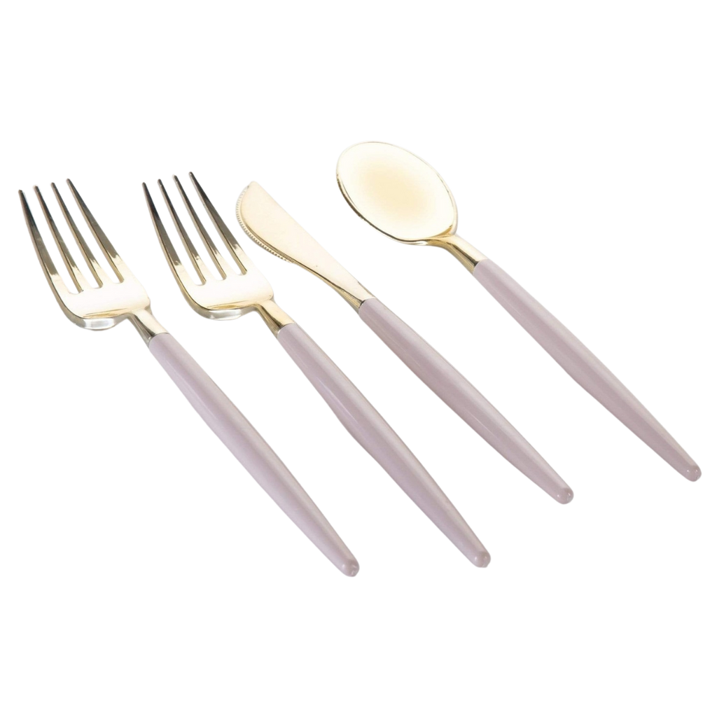 Pink and gold flatware set with two forks knife and spoon for elegant dining from Parte Haus party supply store in Bethesda MD