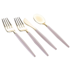 Pink and gold flatware set with two forks knife and spoon for elegant dining from Parte Haus party supply store in Bethesda MD