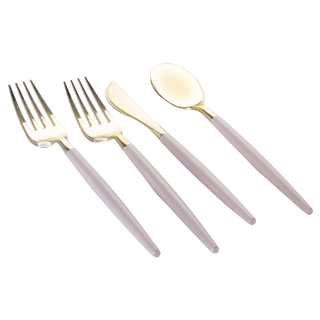 Pink and gold flatware set with two forks knife and spoon for elegant dining from Parte Haus party supply store in Bethesda MD