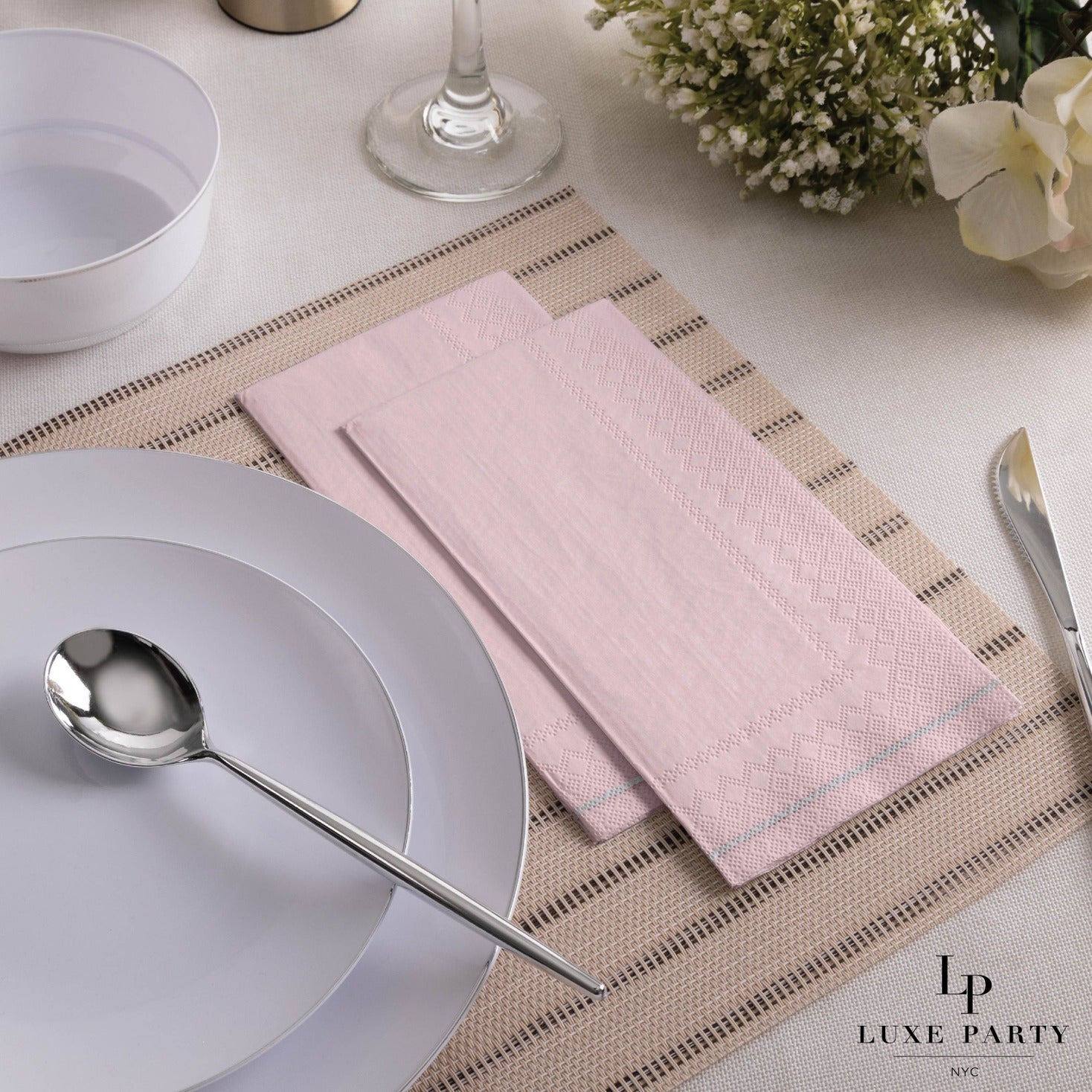 Light pink napkin elegant table setting celebration from Parte Haus party supply store in Bethesda Maryland