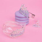 Silver rhinestone birthday tiara with purple gems for birthday celebration from Parte Haus party supply store in Bethesda Maryland
