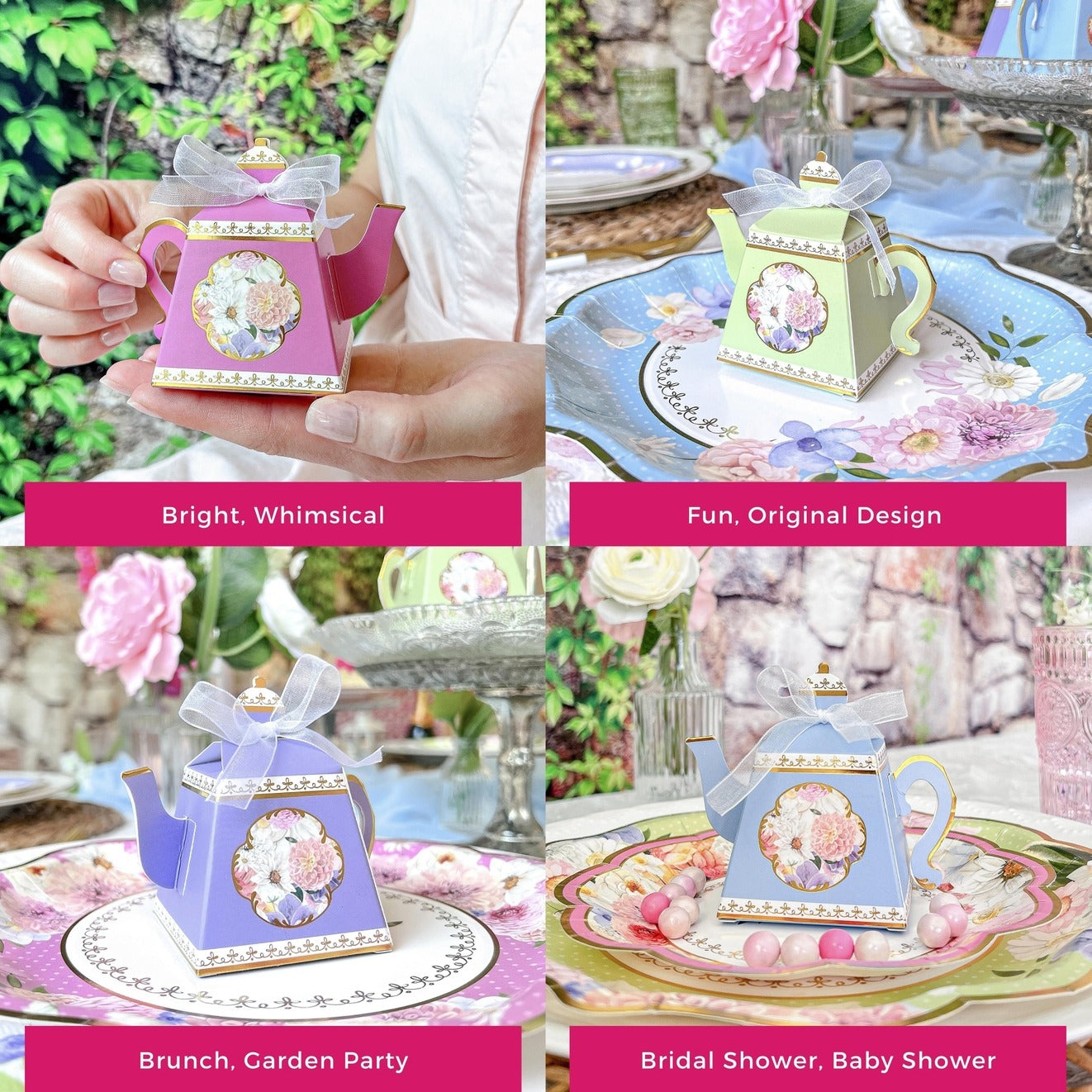 Pink green purple and blue floral teapot favor box pastel for brunch or bridal shower from Parte Haus party supply store in Bethesda Maryland