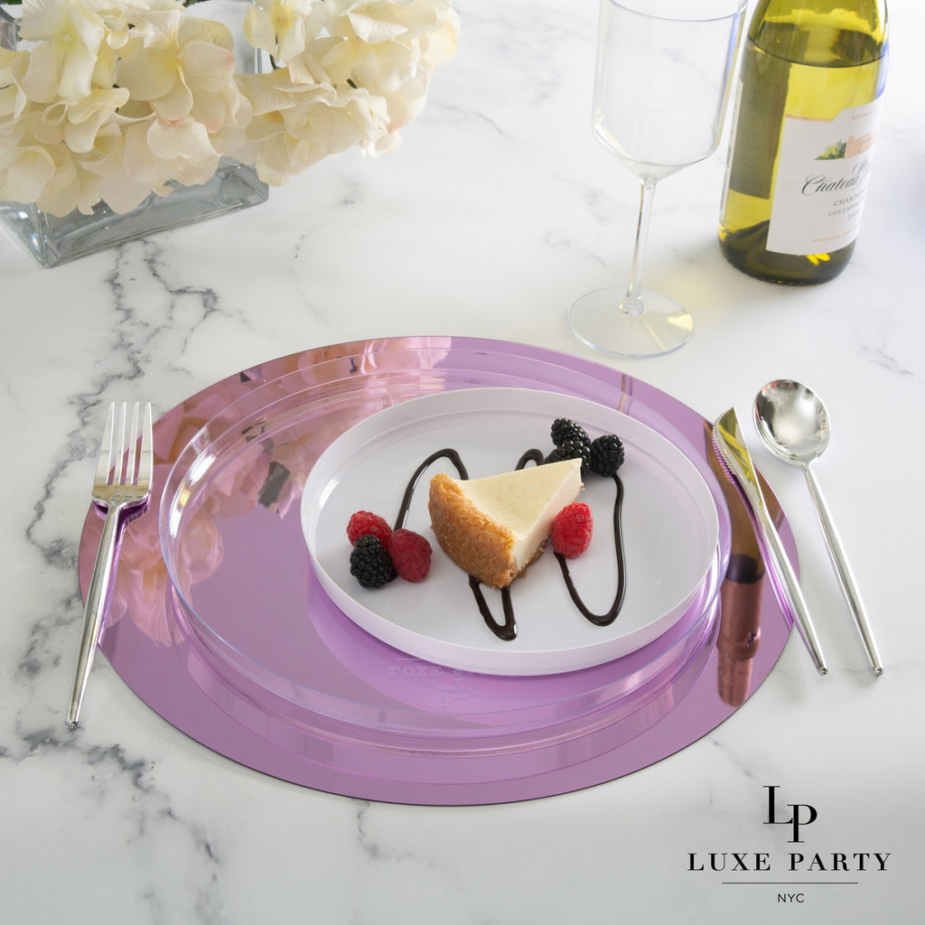 Purple charger plate with cheesecake dessert elegant dinner theme from Parte Haus party supply store in Bethesda MD