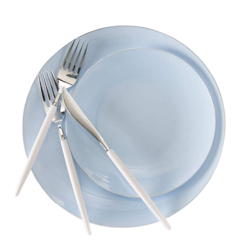 Light blue plate set with white cutlery modern tableware for celebrations from Parte Haus party supply store in Bethesda MD