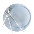 Light blue plate set with white cutlery modern tableware for celebrations from Parte Haus party supply store in Bethesda MD