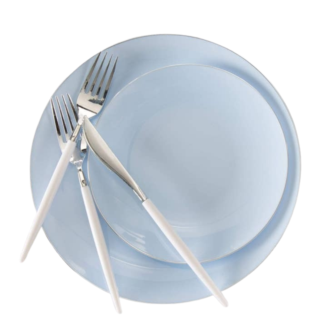 Light blue plate set with white cutlery modern tableware for celebrations from Parte Haus party supply store in Bethesda MD