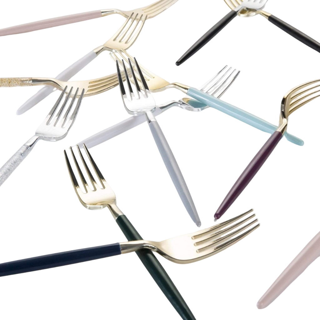 Assorted color gold forks with elegant handles modern tableware from Parte Haus party supply store in Bethesda MD