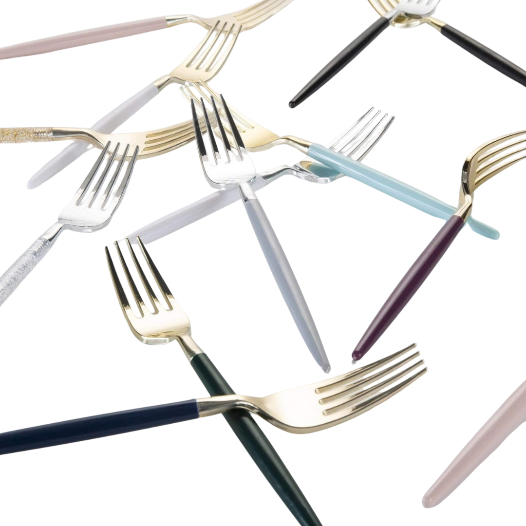 Multicolor gold forks elegant cutlery for birthday or dinner from Parte Haus party supply store in Bethesda MD
