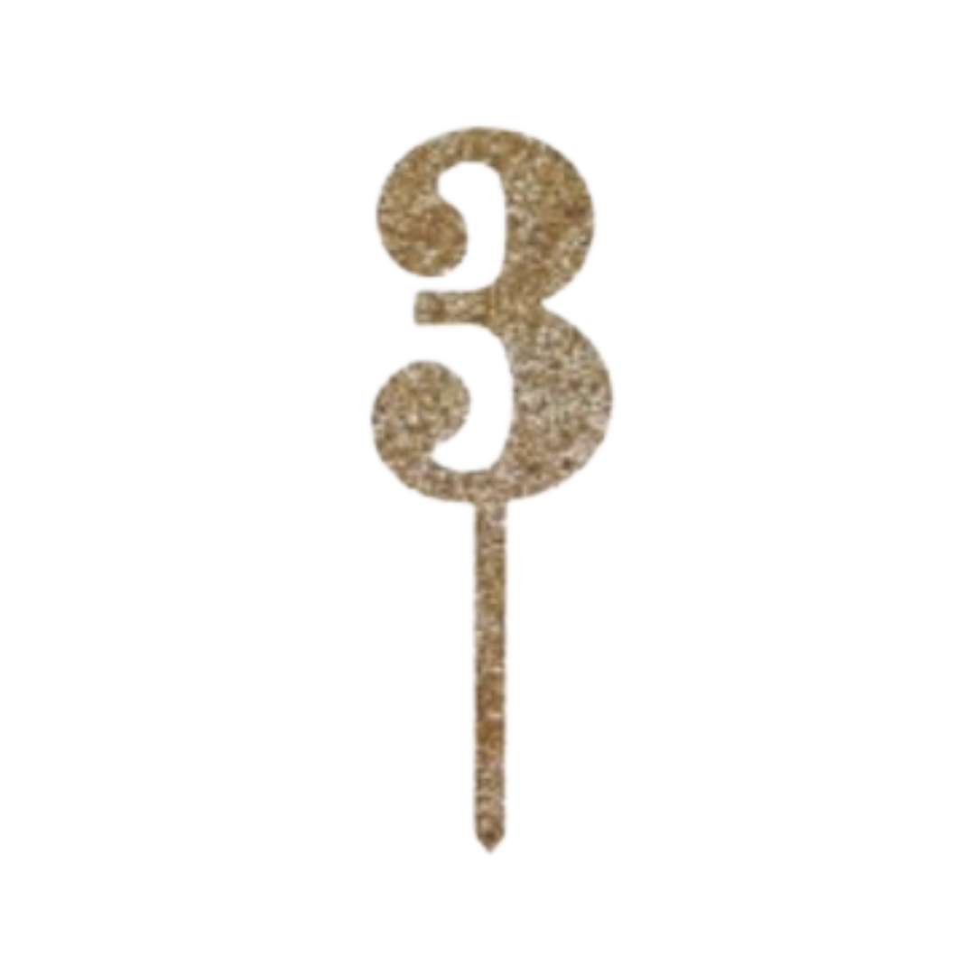 Gold glitter number three cake topper for birthday from Parte Haus party supply store in Bethesda Maryland