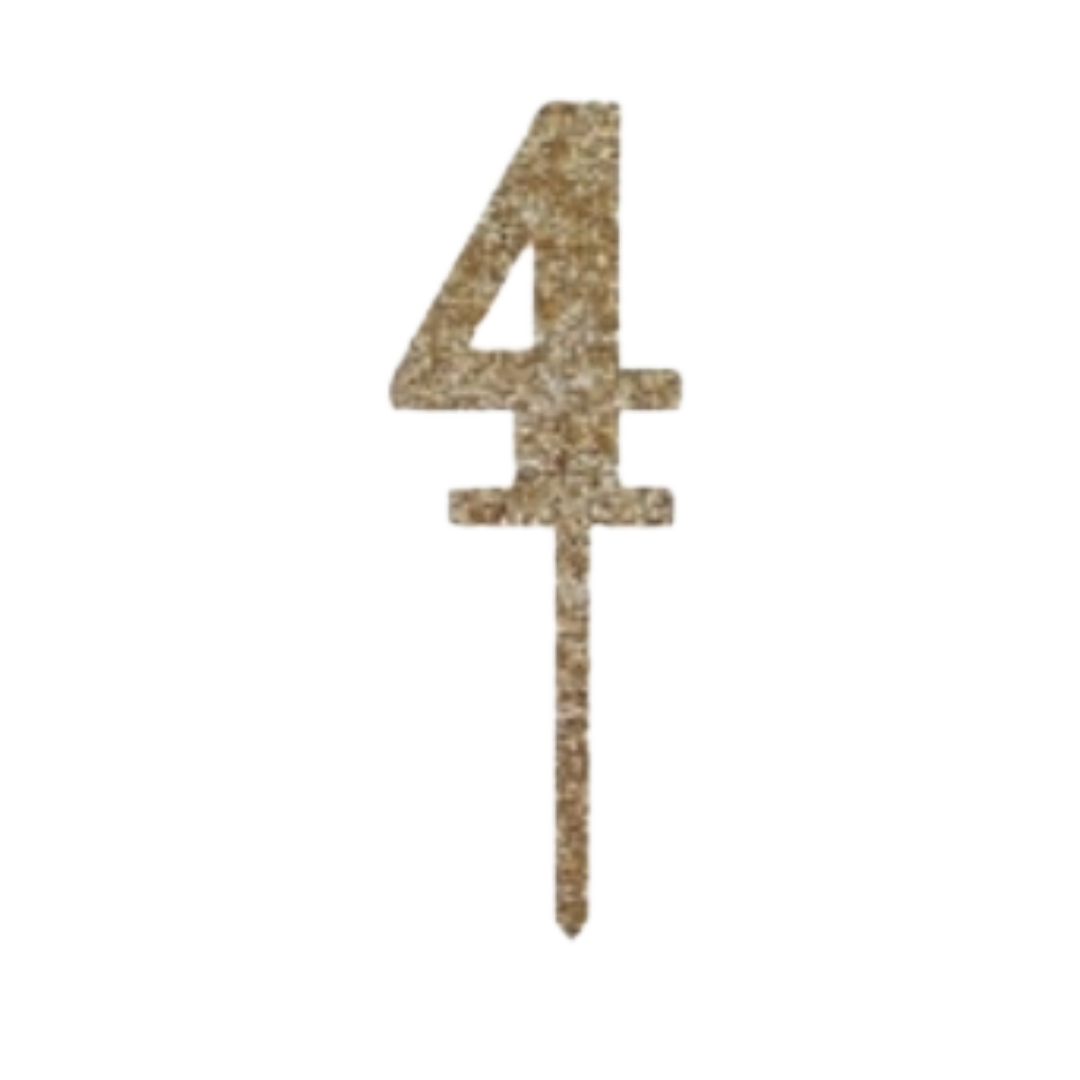 Gold glitter number 4 cake topper birthday decoration from Parte Haus party supply store in Bethesda MD