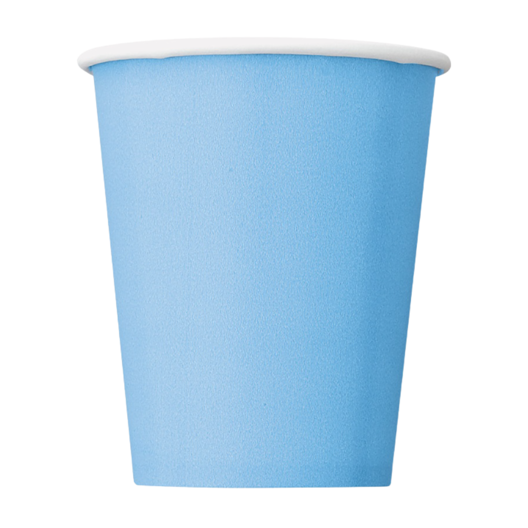 Light blue paper cup with white rim for birthday from Parte Haus party supply store in Bethesda MD