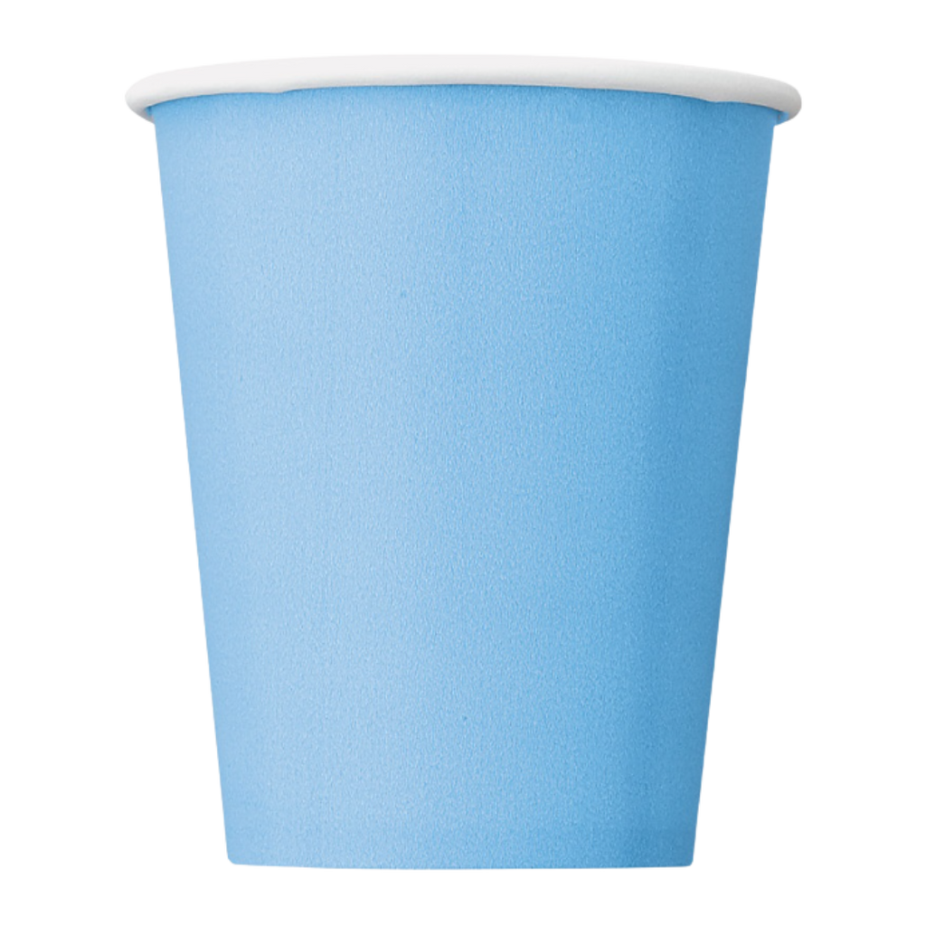 Light blue paper cup with white rim birthday decor from Parte Haus party supply store in Bethesda MD