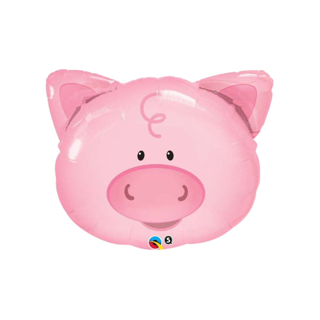 Pink pig mylar balloon with cute face for birthday from Parte Haus party supply store in Bethesda MD