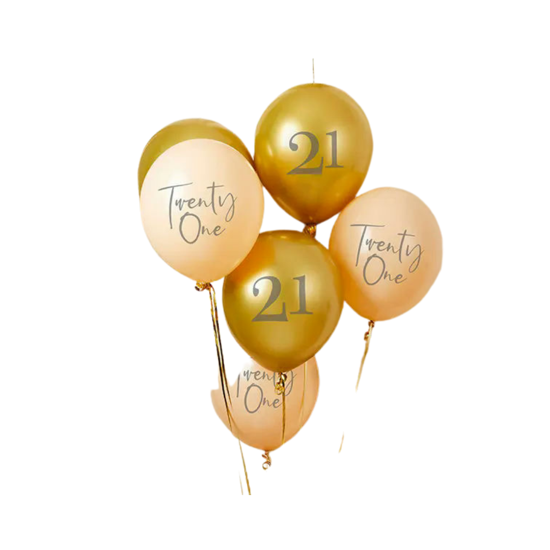 gold and peach balloons with twenty one and 21 text birthday theme from Parte Haus party supply store in Bethesda MD