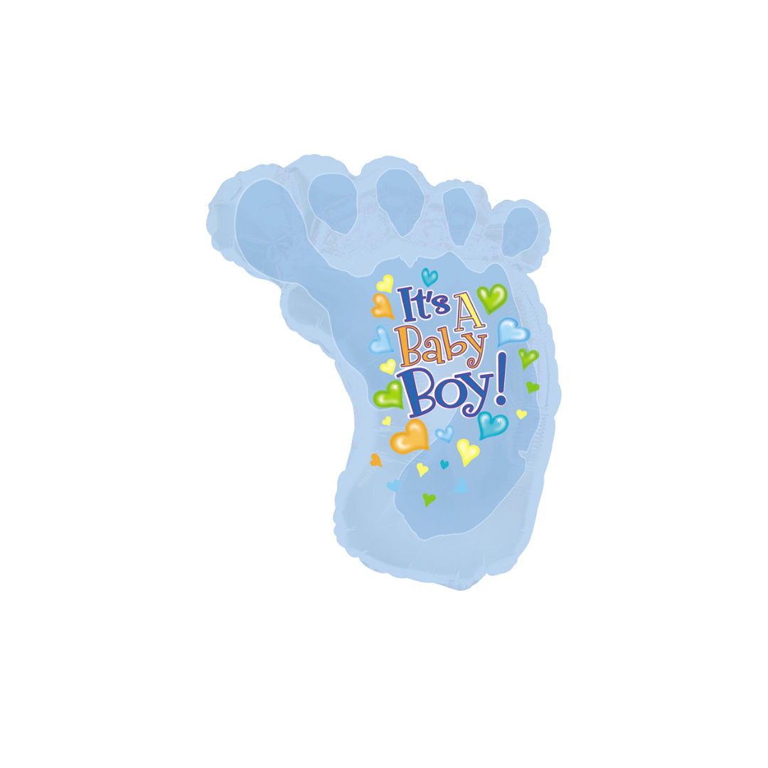 Blue baby boy foot foil balloon with colorful hearts baby shower from Parte Haus party supply store in Bethesda MD