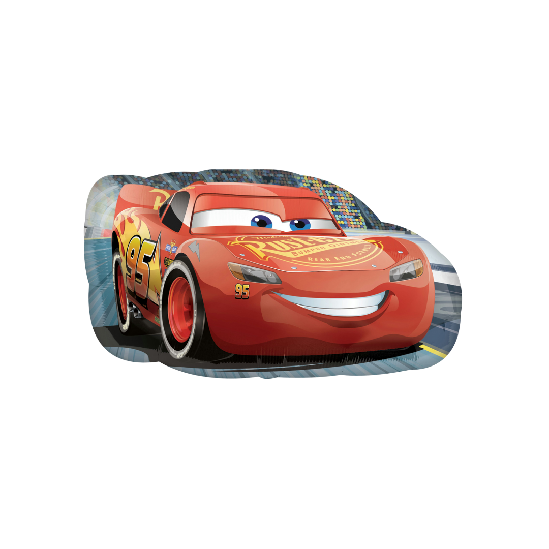Red Lightning McQueen car balloon with race track for Cars theme birthday from Parte Haus party supply store in Bethesda MD
