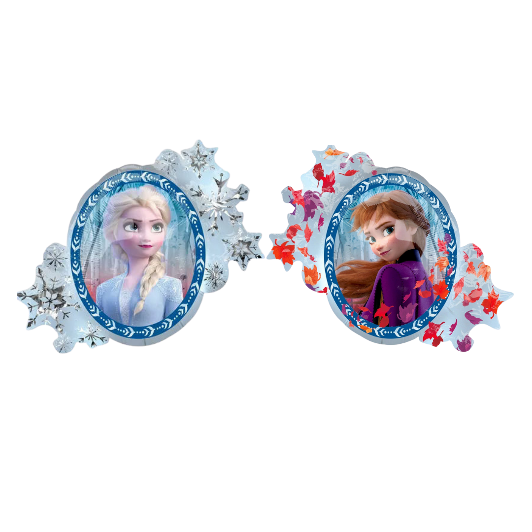 Blue and silver jumbo foil balloon with Frozen 2 Elsa and Anna birthday theme from Parte Haus party supply store in Bethesda Maryland
