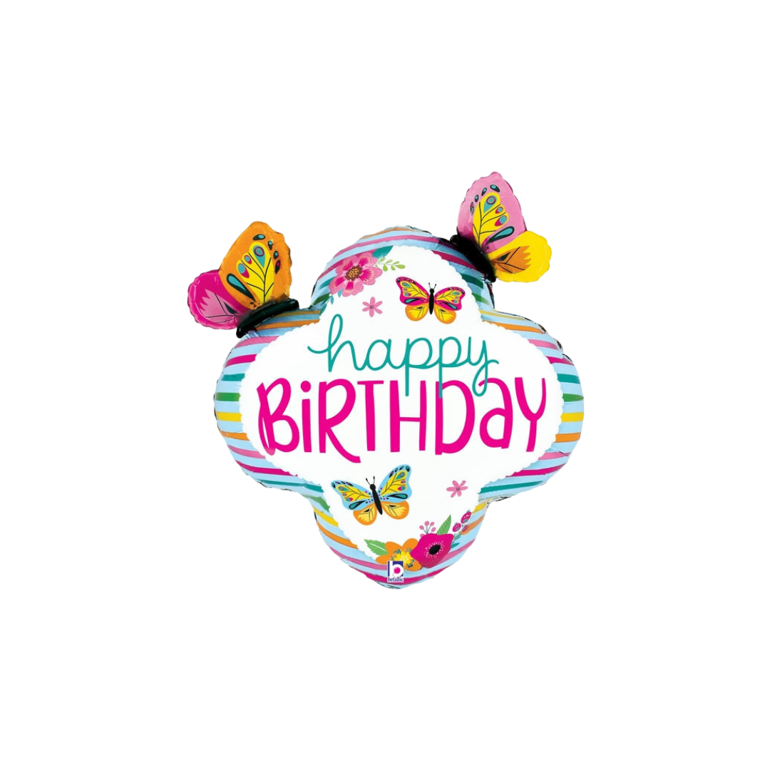 Colorful butterfly birthday foil balloon with happy birthday text from Parte Haus party supply store in Bethesda MD