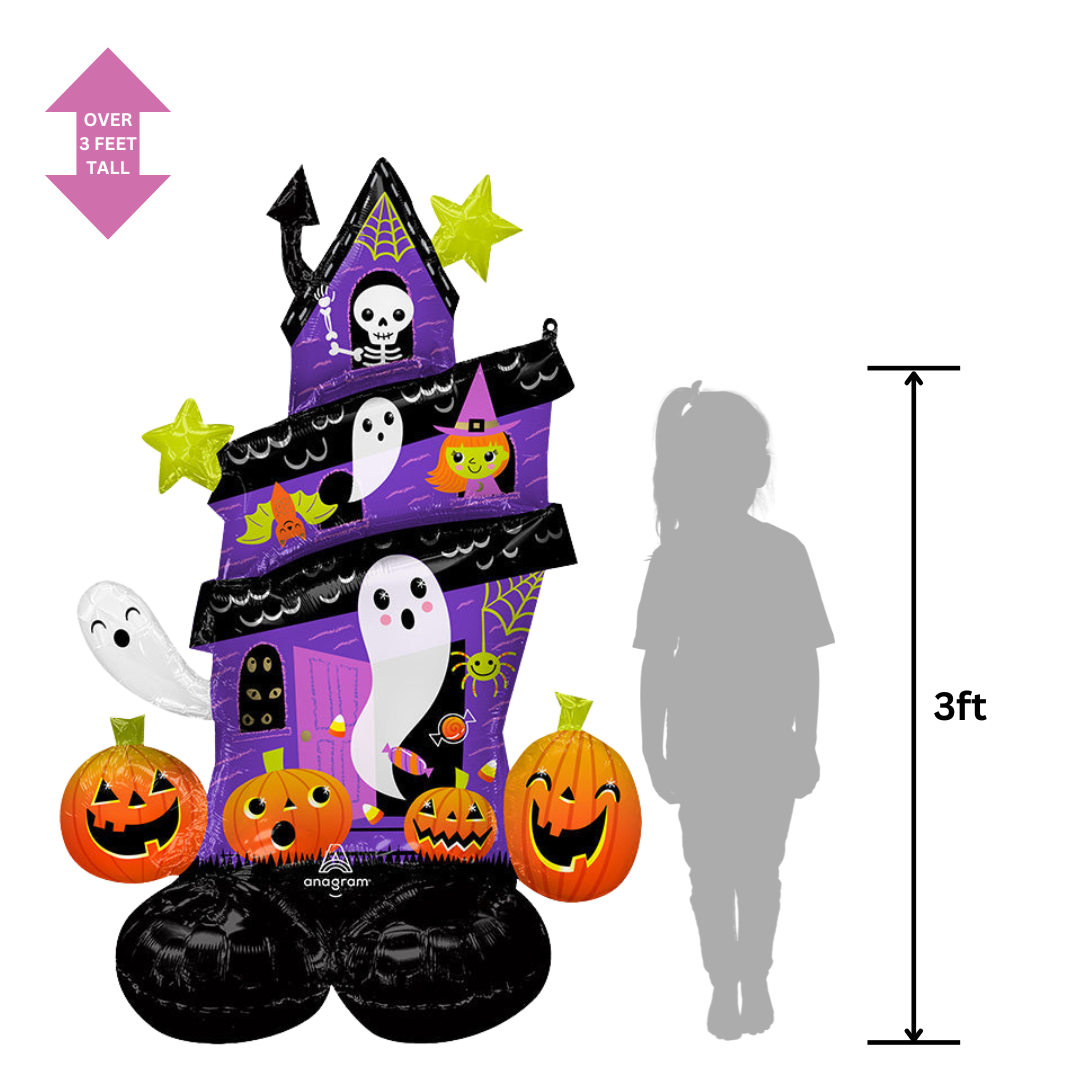 Purple Halloween haunted house balloon with ghosts pumpkins and stars Halloween theme from Parte Haus party supply store in Bethesda MD