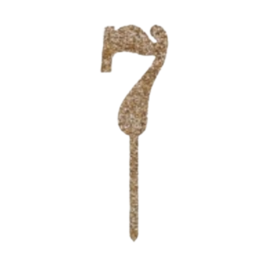 Gold glitter number seven cake topper birthday decoration from Parte Haus party supply store in Bethesda MD