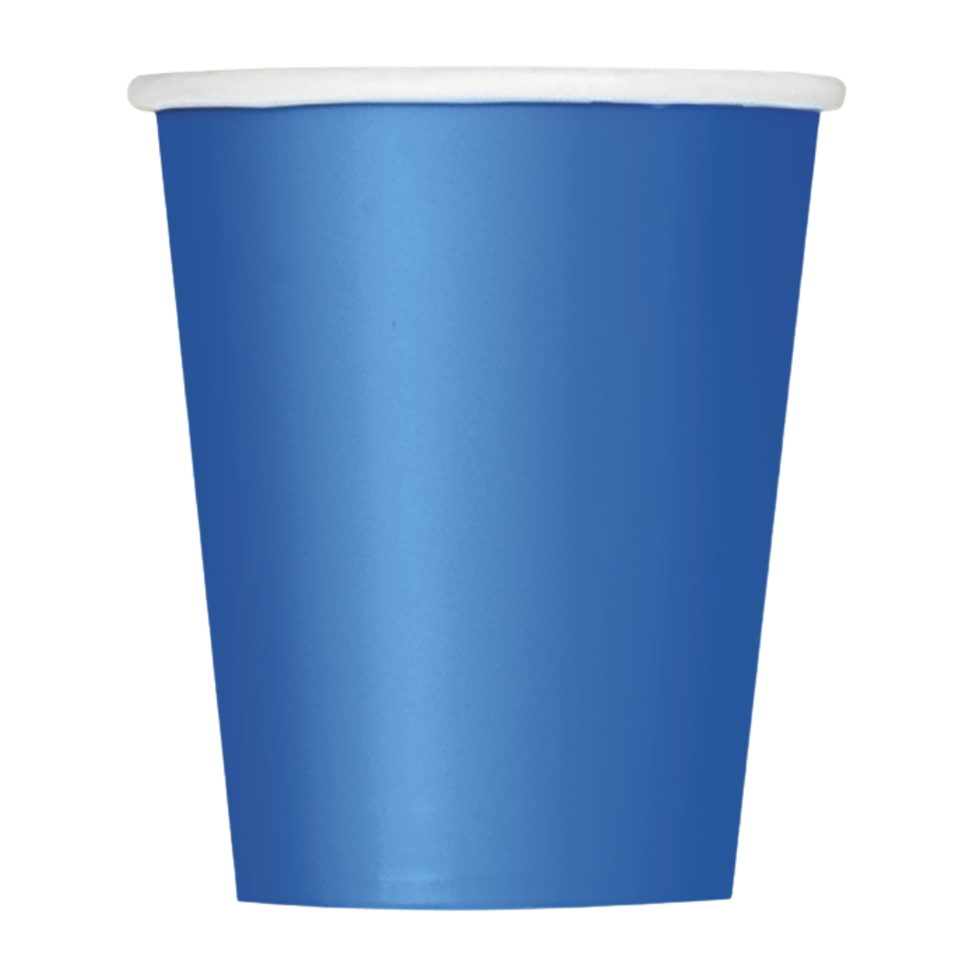 Blue paper cup solid color disposable drinking cup for birthday at Parte Haus party supply store in Bethesda MD