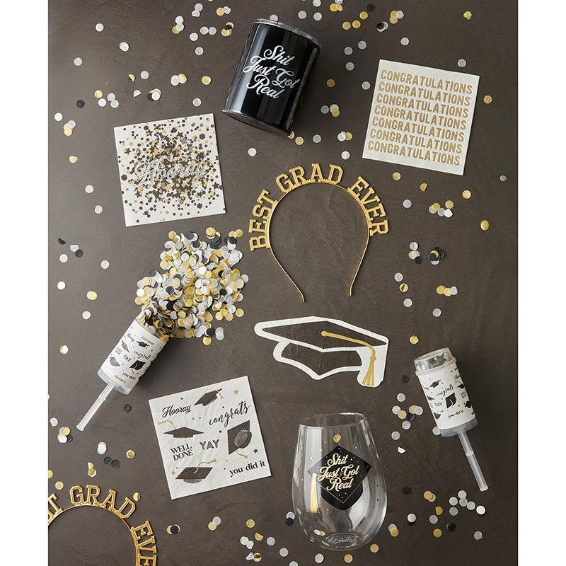 Black and gold graduation decorations with confetti and Best Grad Ever headband from Parte Haus party supply store in Bethesda MD