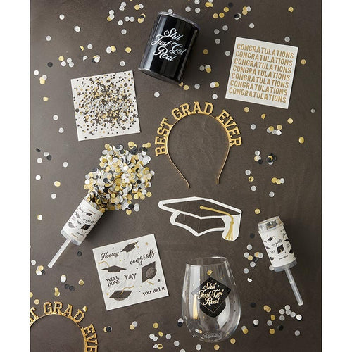 Black and gold graduation decorations with confetti and Best Grad Ever headband from Parte Haus party supply store in Bethesda MD