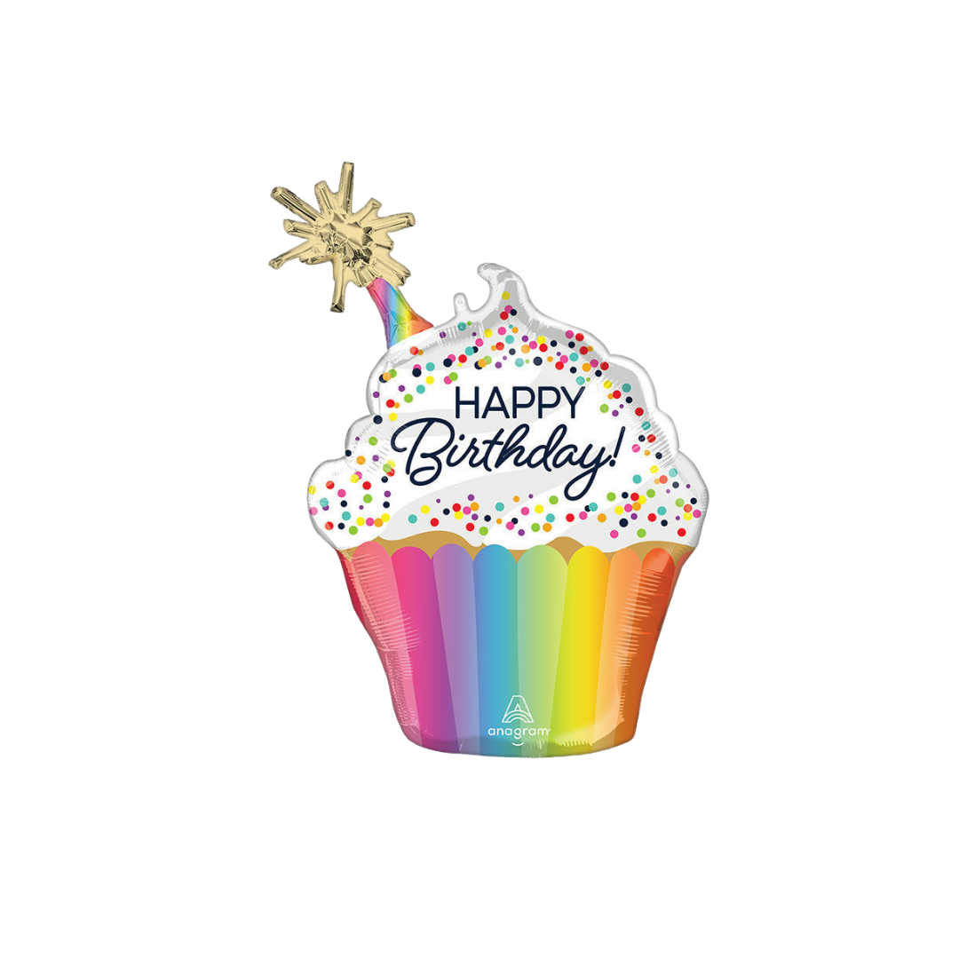 Rainbow cupcake foil balloon with confetti and Happy Birthday text birthday from Parte Haus party supply store in Bethesda MD