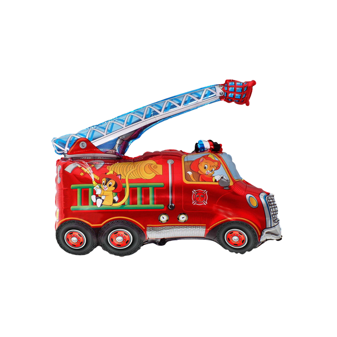 Red fire truck balloon with cartoon animals for kids birthday from Parte Haus party supply store in Bethesda Maryland