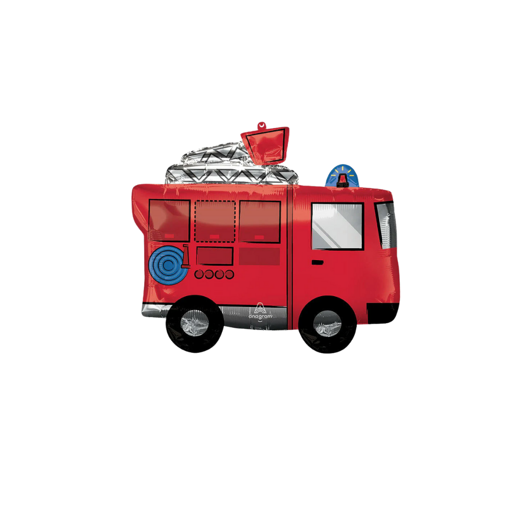 Red fire truck foil balloon with ladder and hose birthday decoration from Parte Haus party supply store in Bethesda MD