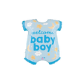 Blue baby onesie foil balloon with stars and clouds baby shower from Parte Haus party supply store in Bethesda Maryland