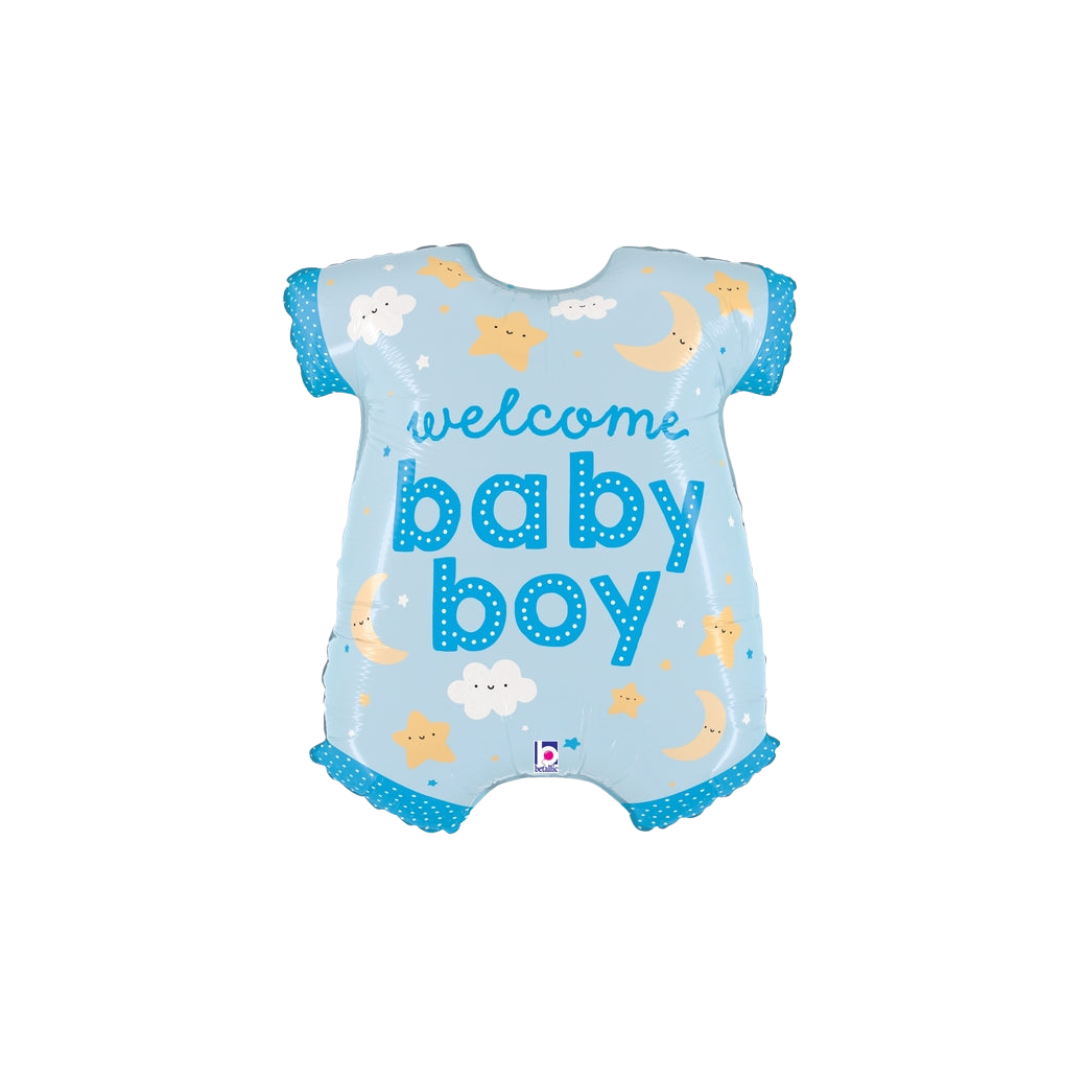 Blue baby onesie foil balloon with stars and clouds baby shower from Parte Haus party supply store in Bethesda Maryland