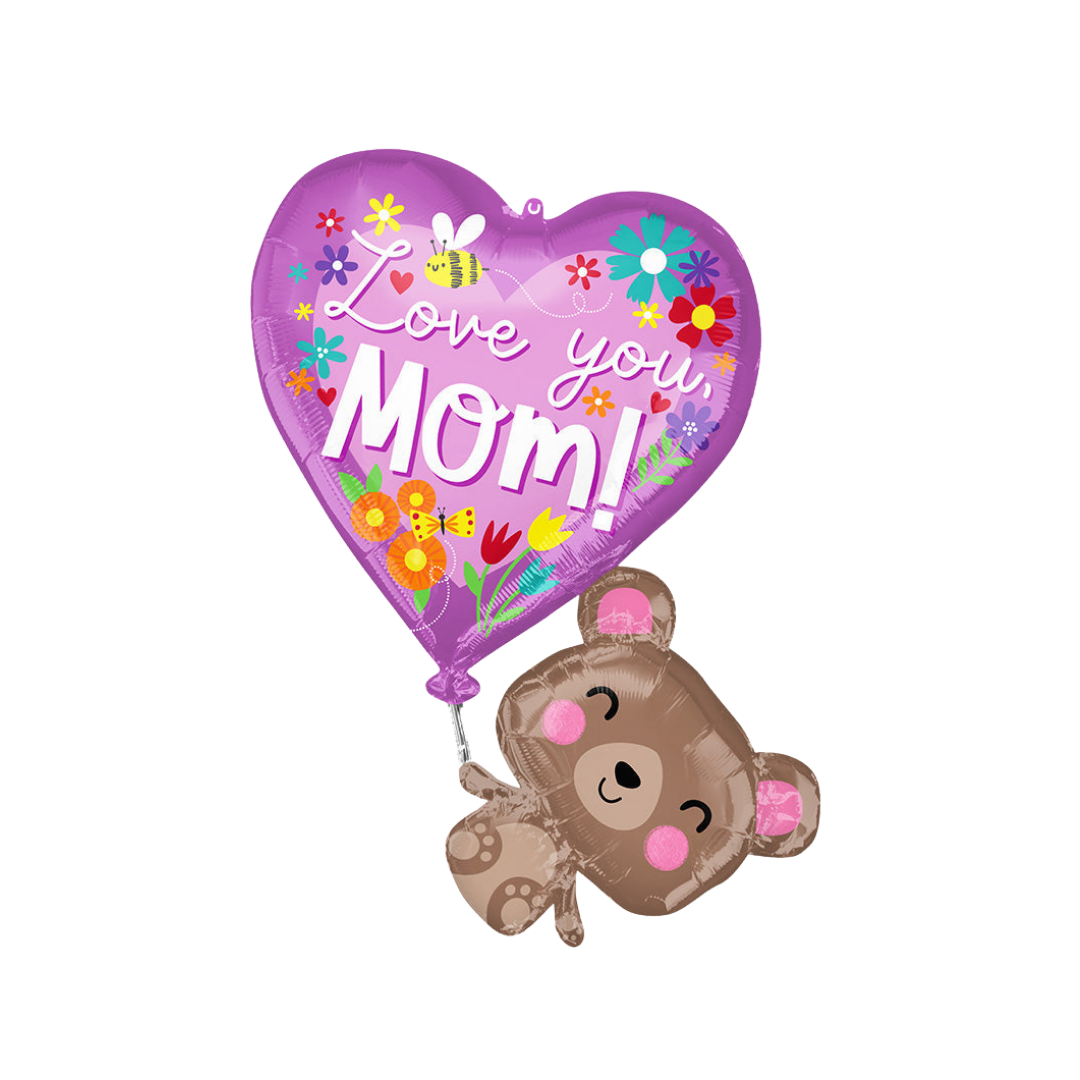 Purple heart bear foil balloon with floral Love you Mom design for Mother's Day from Parte Haus party supply store in Bethesda MD