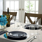 Navy blue plates elegant dinner table setting for celebration from Parte Haus party supply store in Bethesda Maryland
