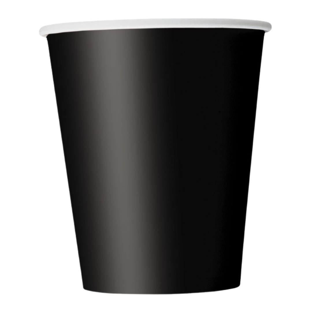 Black paper cup with white rim for celebrations from Parte Haus party supply store in Bethesda Maryland