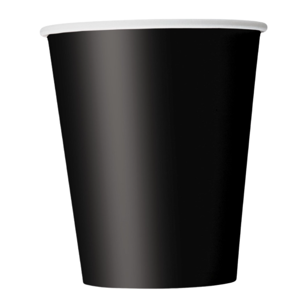 Black paper cup with white rim for birthday celebration from Parte Haus party supply store in Bethesda MD