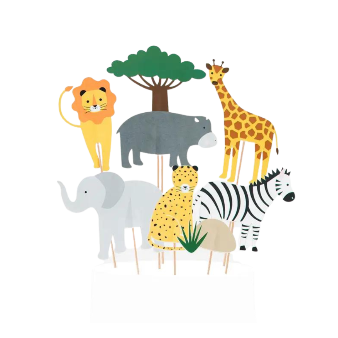 multicolor safari animal cake toppers with lion giraffe elephant and zebra for jungle theme from Parte Haus party supply store in Bethesda MD