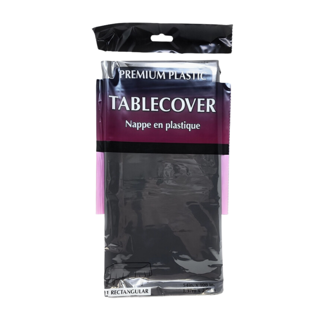 Black plastic tablecover in retail packaging for any event from Parte Haus party supply store in Bethesda Maryland