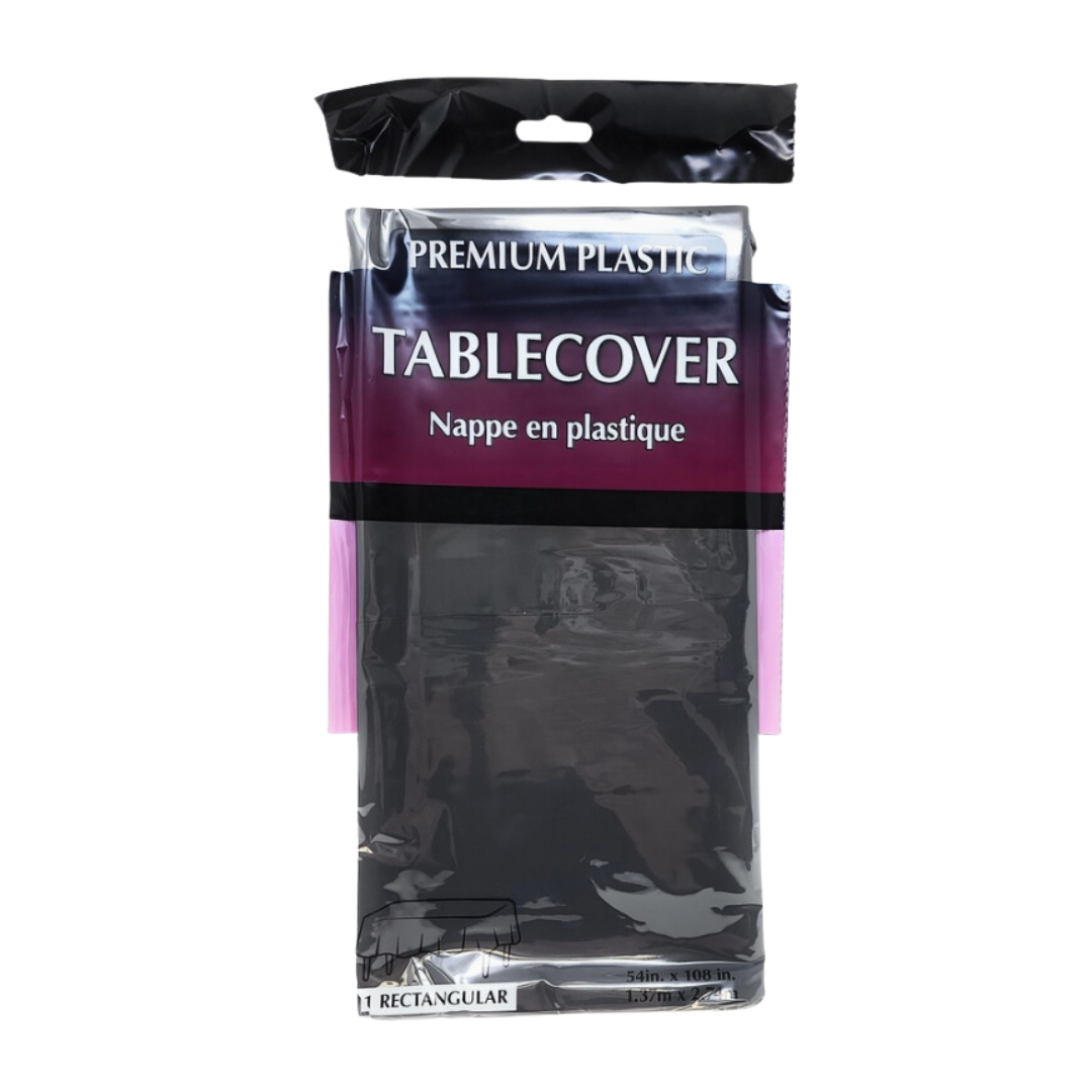 Black plastic tablecover in retail packaging for any event from Parte Haus party supply store in Bethesda Maryland
