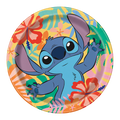 Colorful Stitch round paper plate with tropical flowers luau birthday theme from Parte Haus party supply store in Bethesda Maryland
