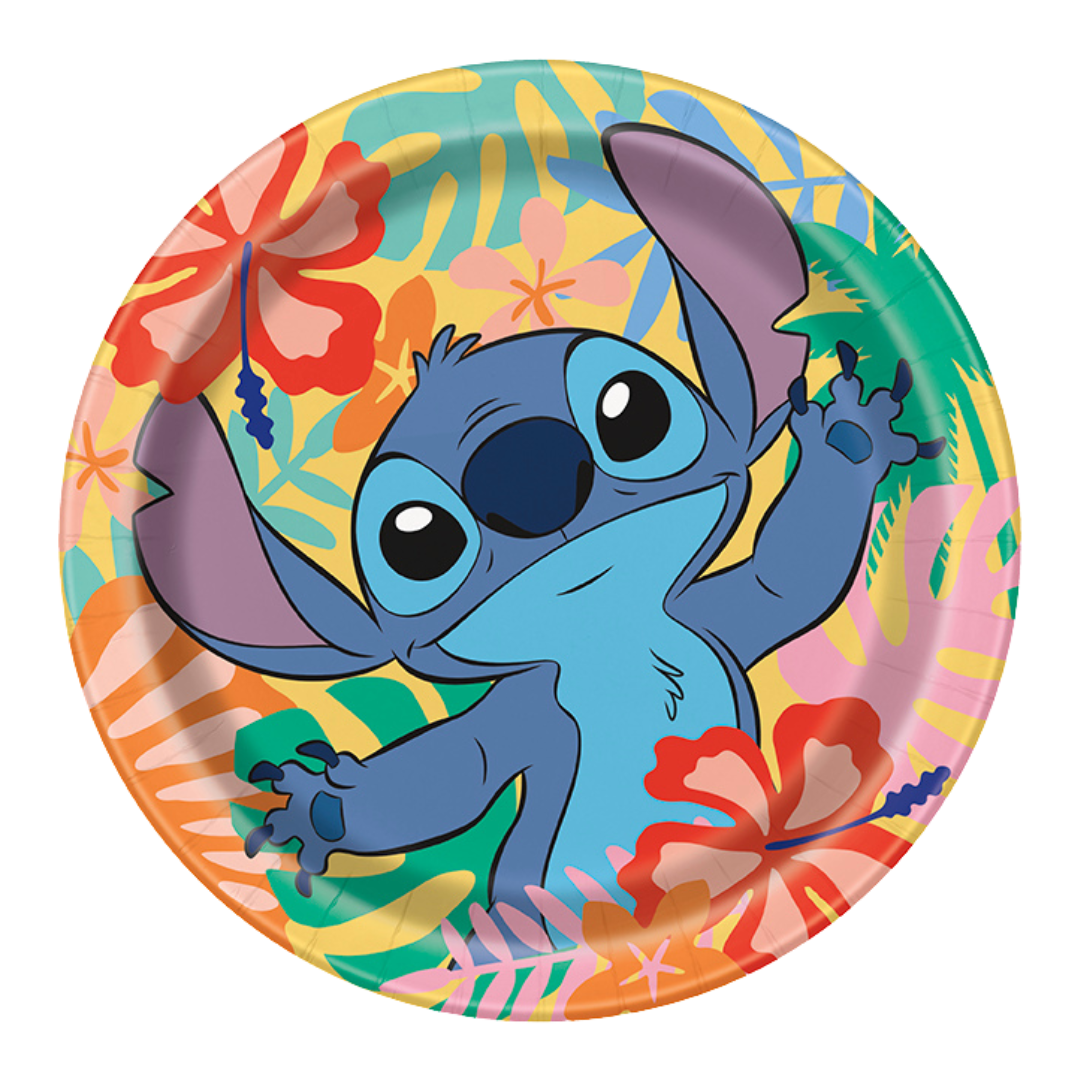 Colorful Stitch round paper plate with tropical flowers luau birthday theme from Parte Haus party supply store in Bethesda Maryland
