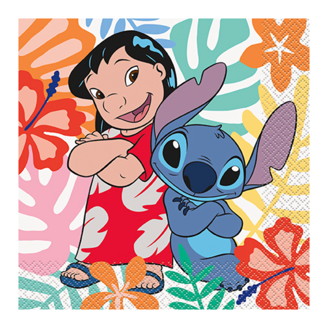 Colorful Lilo and Stitch napkin with tropical floral design for birthday theme from Parte Haus party supply store in Bethesda MD