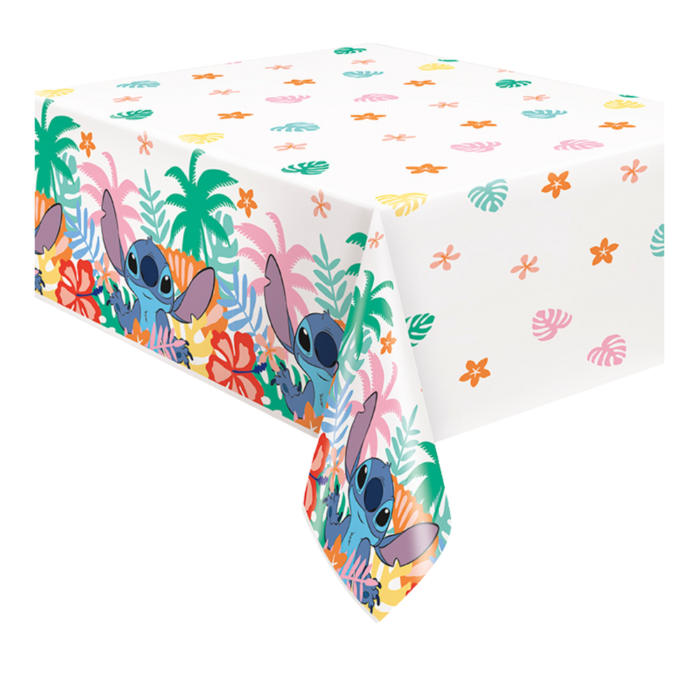 Colorful Stitch plastic table cover with tropical leaves for kids birthday from Parte Haus party supply store in Bethesda Maryland